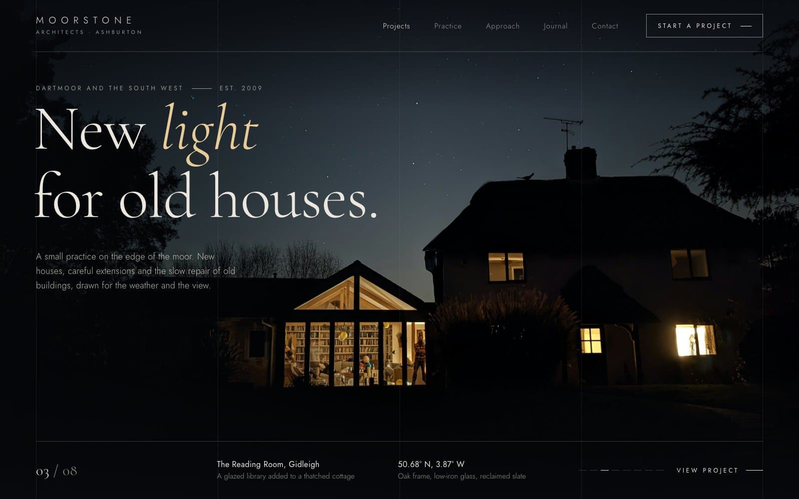 Homepage design for an architecture practice: a hairline serif headline, New light for old houses, over a night photograph of a thatched cottage with a glowing glazed extension
