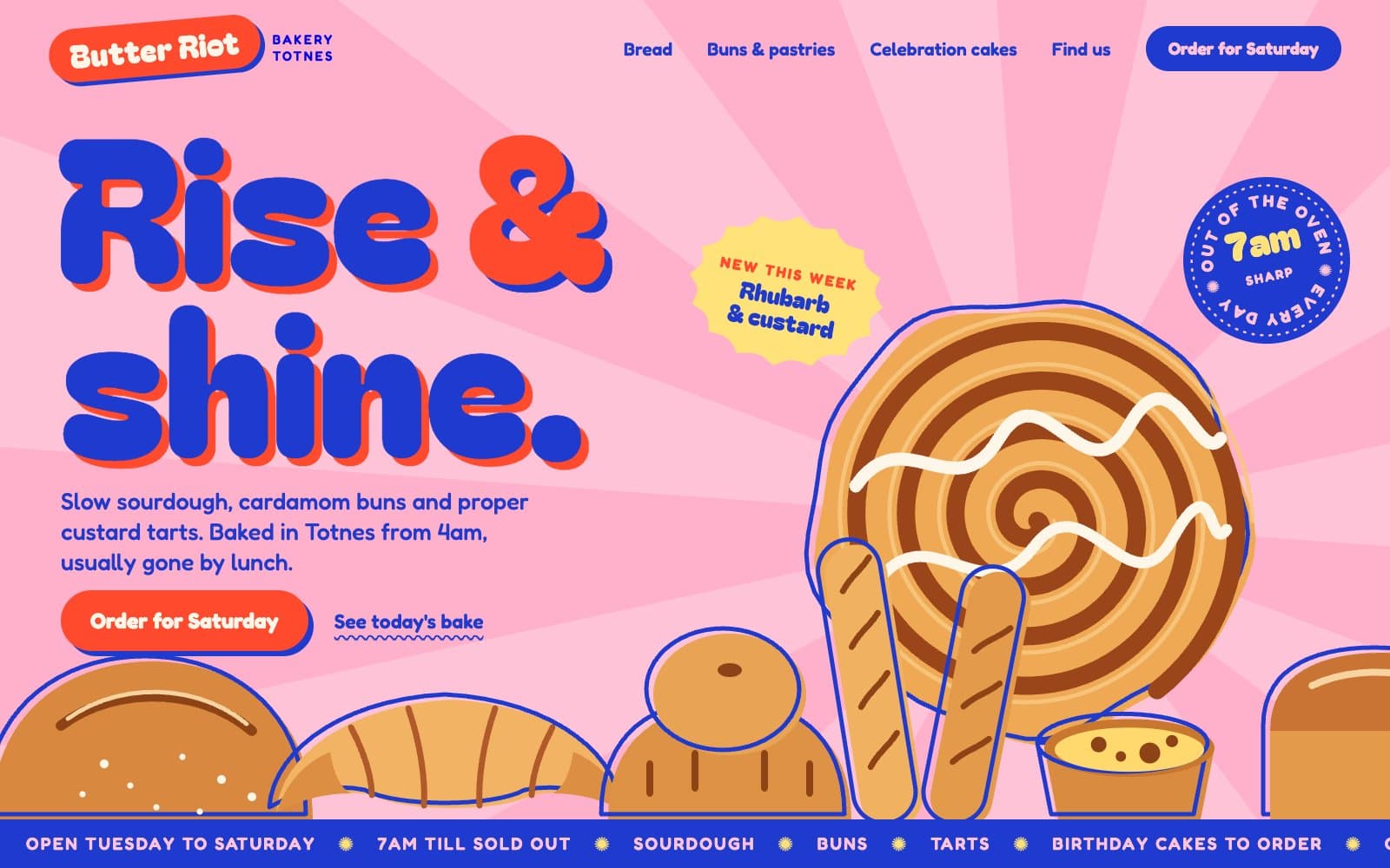 Homepage design for an independent bakery: an illustrated cinnamon bun rising like the sun over a row of loaves, under a chunky blue headline, Rise & shine