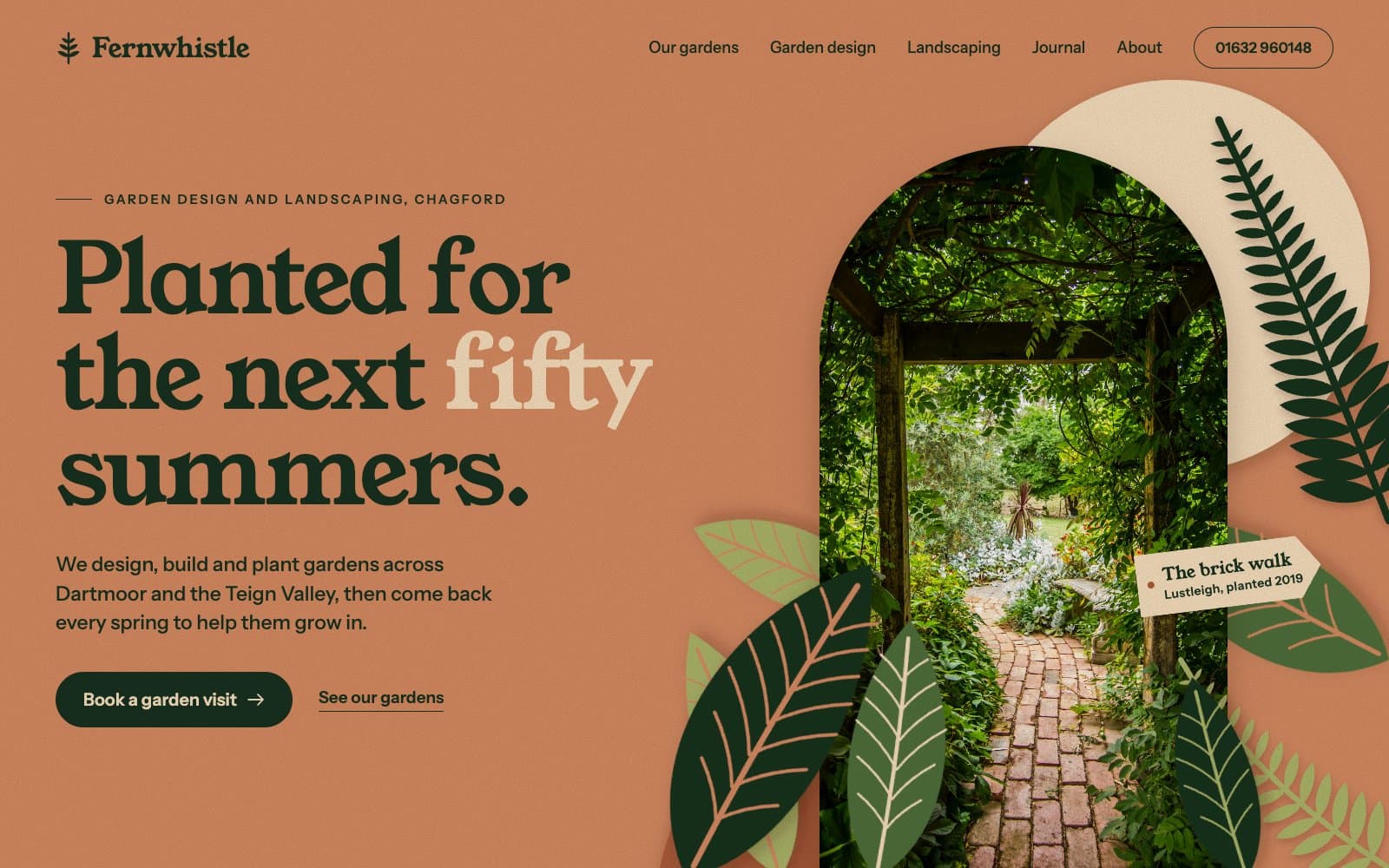 Homepage design for a garden design firm: a serif headline, Planted for the next fifty summers, beside an arched garden photo framed by cut-paper leaves