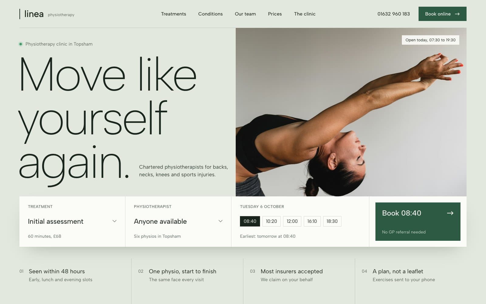 Homepage design for a physiotherapy clinic: a large thin headline, Move like yourself again, beside a photo of a woman stretching, with a booking bar underneath